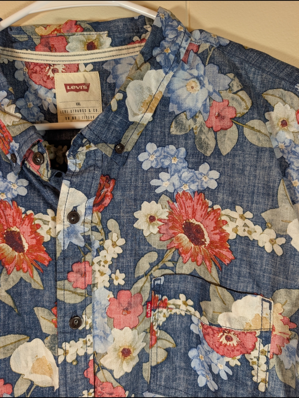 Levis Floral Chambray Button Up Shirt Mens XXL Blue Short Sleeve Casual Summer
